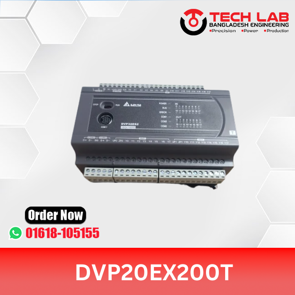 Delta DVP20EX200T – Analog+Digital Slim PLC, 20 I/O (8DI/6DO/4AI/2AO Transistor), RS‑232/485, 110–264 VAC, DIN‑Rail