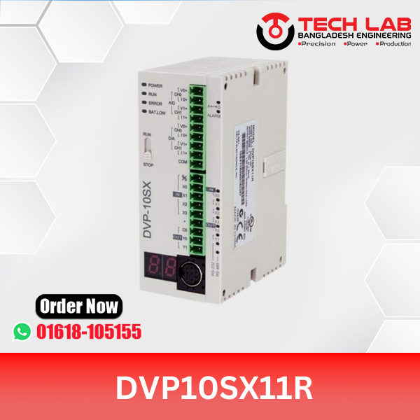 Delta DVP10SX11R – Compact PLC, 10 I/O (4DI/2DO Relay + 2AI/2AO), Analog I/O, RS‑232 & RS‑485, 24 VDC, DIN‑Rail