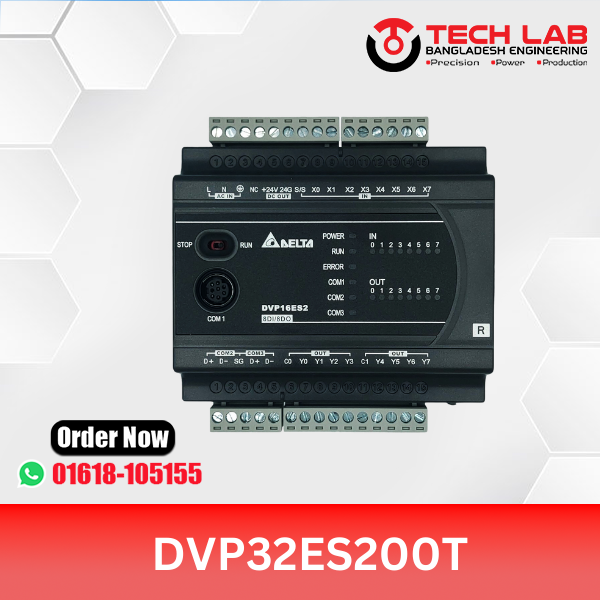 Delta DVP32ES200T – DVP‑ES2 PLC, 16DI/16DO Transistor, 100–240 VAC, RS‑232/2×RS‑485, 16 k Steps, DIN‑Rail