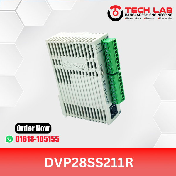 Delta DVP28SS211R – Slim PLC, 28 I/O (16DI/12DO Relay), RS‑232/485, 24 VDC, DIN‑Rail