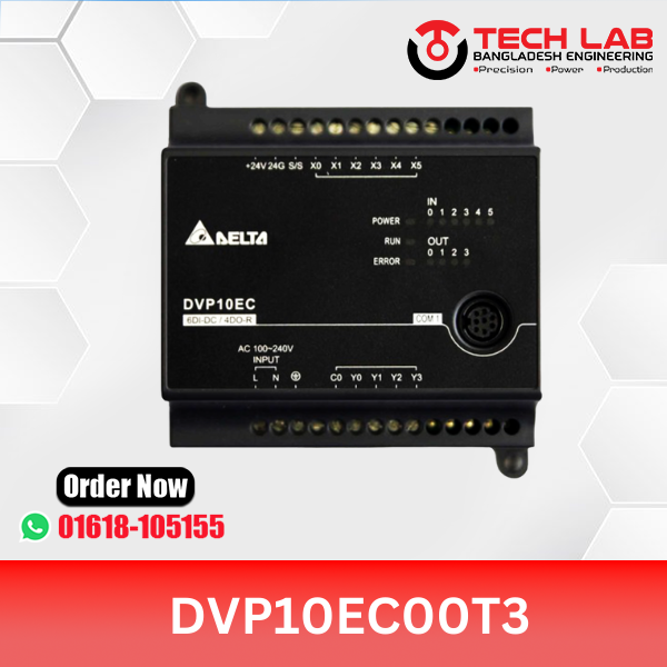 Delta DVP10EC00T3 – EC3 Series PLC, 10 I/O (6DI/4DO Transistor), 100‑240VAC, RS‑232/RS‑485, DIN‑Rail