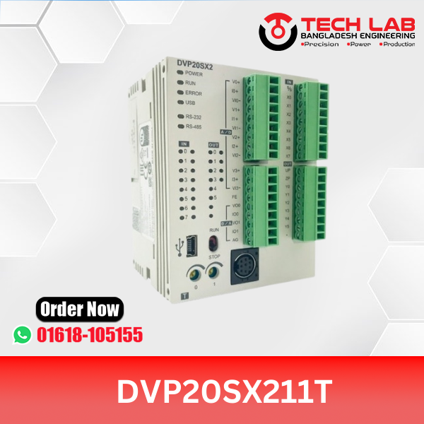 Delta DVP20SX211T – Compact Analog PLC, 20 I/O (8DI/6DO Transistor + 4AI/2AO), RS‑232/485, USB, 24 VDC