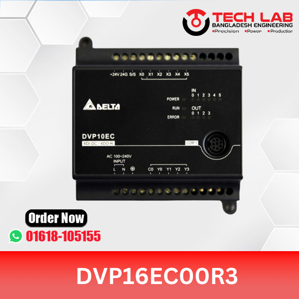 Delta DVP16EC00R3 – EC3 Series PLC, 16 I/O (8DI/8DO Relay), 100–240 VAC, RS‑232/RS‑485, DIN‑Rail