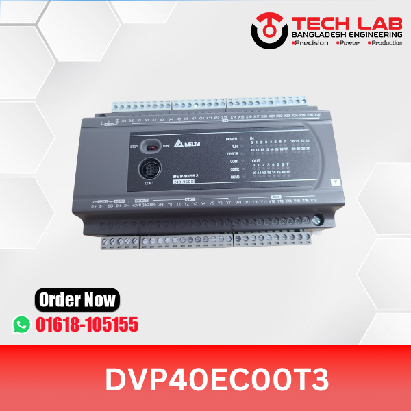 Delta DVP40EC00T3 – Slim PLC, 40 I/O (24DI/16DO Transistor), RS‑232/485, 100–240 VAC, DIN‑Rail